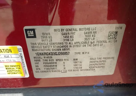 2016 Chevrolet Traverse 1Lt z USA, uszkodzony, nr VIN 1GNKRGKD3GJ266857